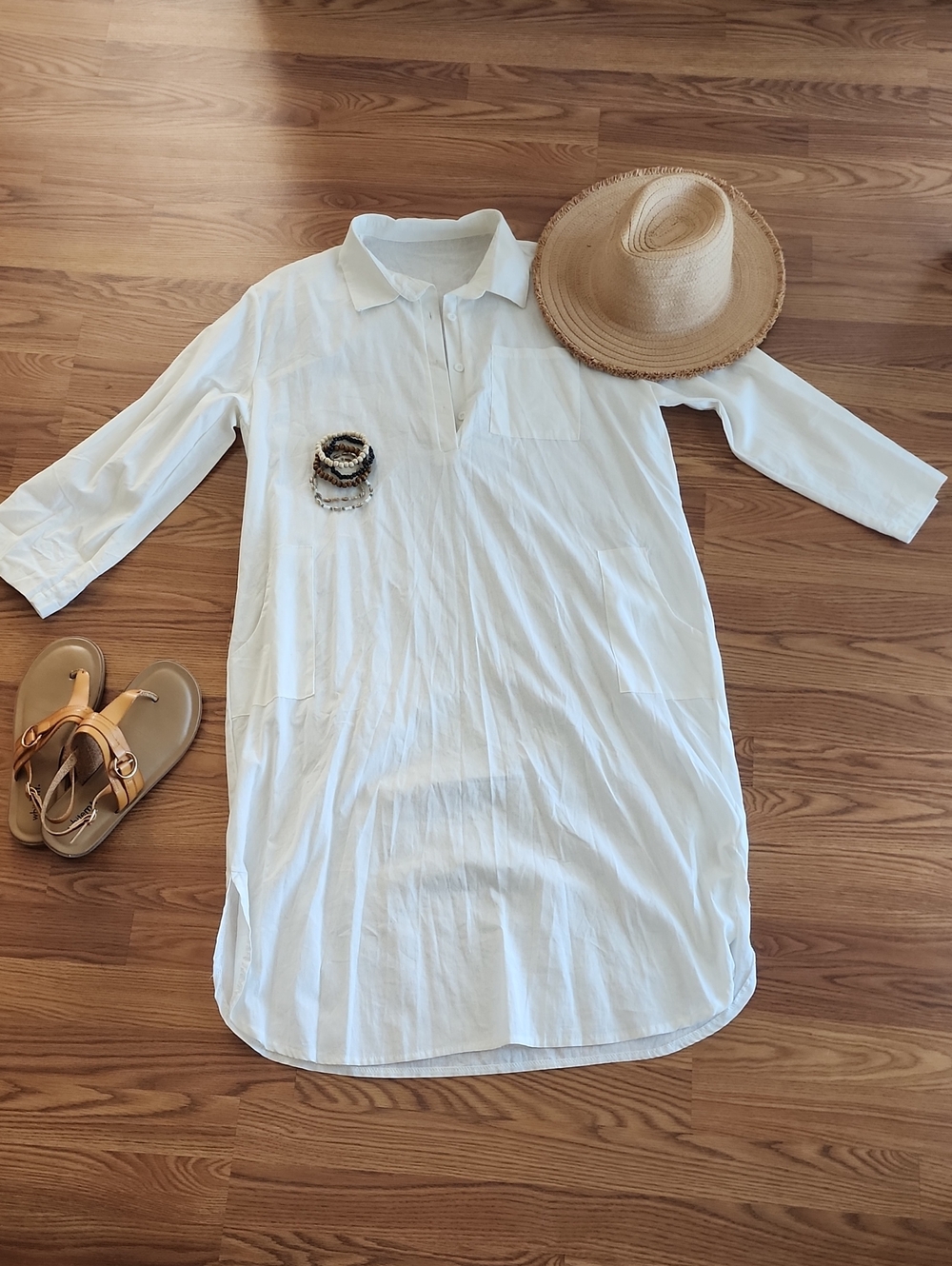 Women's White Long-Sleeve Collared Shirt Dress